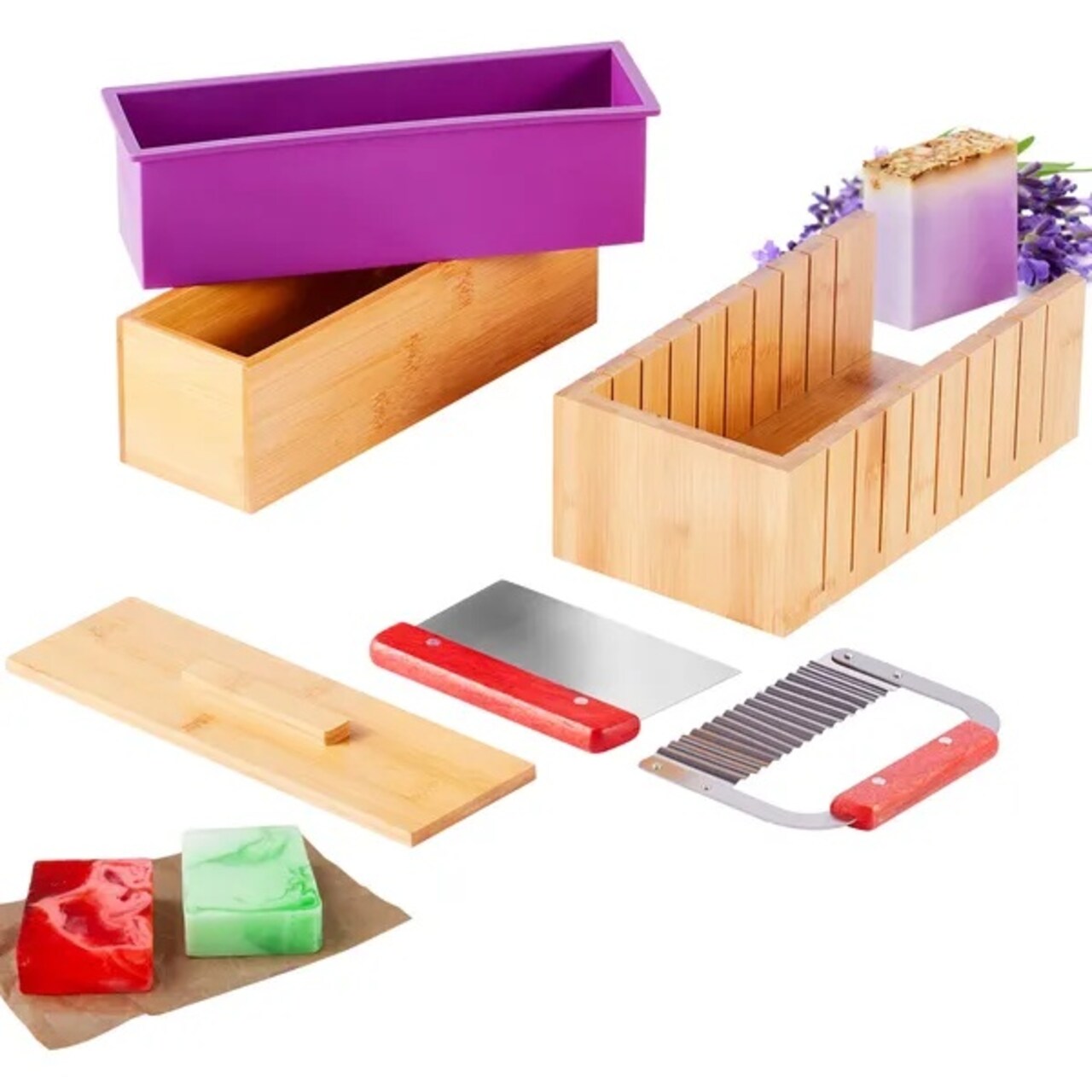 Soap Making Kit with Bamboo Cutting Box, Silicone Mold, Stainless Steel Cutters & 205 Accessories for DIY Handmade Soap Bars